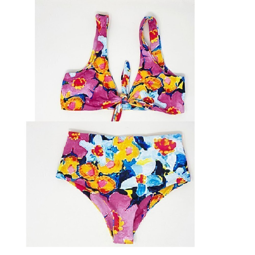 Watercolor Floral Abstract Print Hi Waisted Bikini